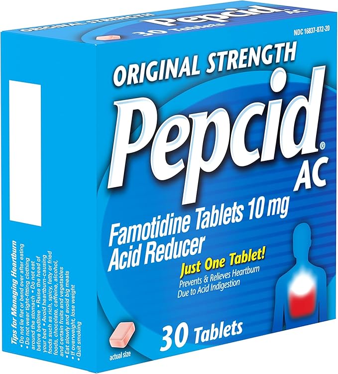 Pepcid AC Original Strength Heartburn Relief Tablets, OTC Medicine Prevents & Relieves Heartburn Due to Acid Indigestion & Sour Stomach, 10mg Famotidine Acid Reducer, Fast-Acting, 30 ct