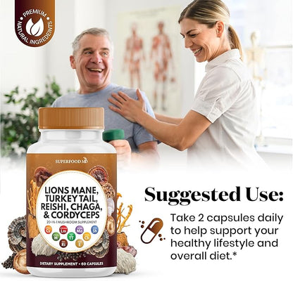 Lions Mane Mushroom Supplement with Turkey Tail Reishi Cordyceps Chaga with Marshmallow Root - 180 Count
