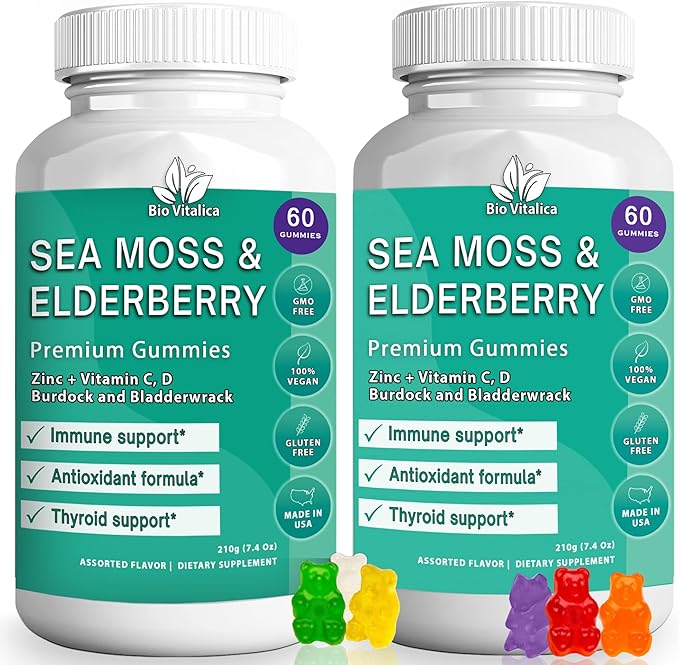 BIO VITALICA (Bundle) Sea Moss Elderberry (2 Packs) & Sea Moss Elderberry Gummies (1 Packs) BioVitalica