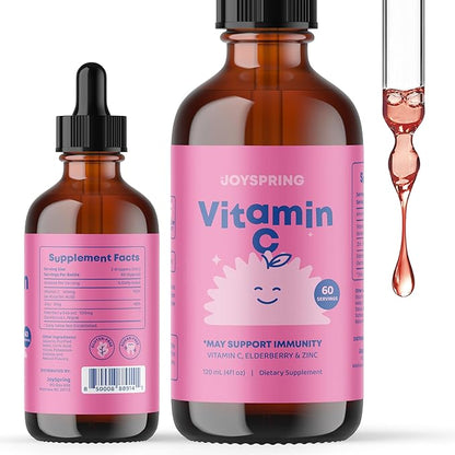 JoySpring Vitamin C and Zinc for Kids, Elderberry Liquid Supplement | Alcohol-Free Toddler Vitamin C | 2+ Years | (4 fl oz) 60 Servings