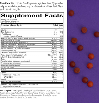 SmartyPants Toddler Multivitamin Gummies: Omega 3 Fish Oil (EPA/DHA), Vitamin D3, C, Vitamin B12, B6, A, K & Zinc, Biotin, Beta Carotene, Gluten Free, Three Fruit Flavors, 180 Count (60 Day Supply)