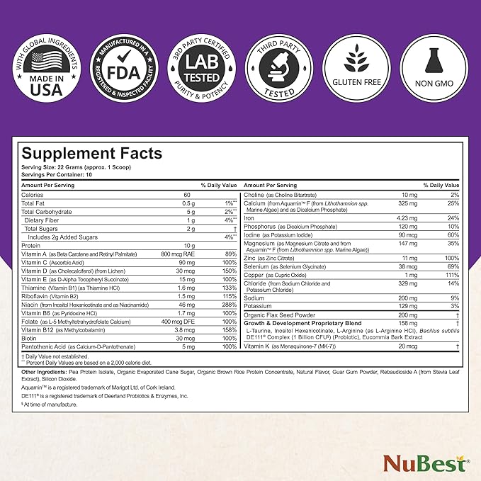 NuBest Tall Protein Powder for Kids & Teens - Vegan Vanilla Protein Powder Shake with Organic Red Algae Calcium, Probiotics, Omega 3-6-9, Vitamin D3 + K2 & Magnesium from Marine Algae - Pack 2