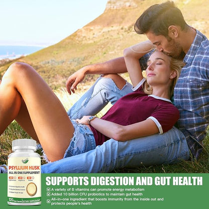Psyllium Husk Capsules, Psyllium Husk Fiber Dietary Supplement 500mg, with Magnesium & Probiotics, Weight Management, Muscle Relief, Digestive & Gut Health for Men & Women, 120 Capsules