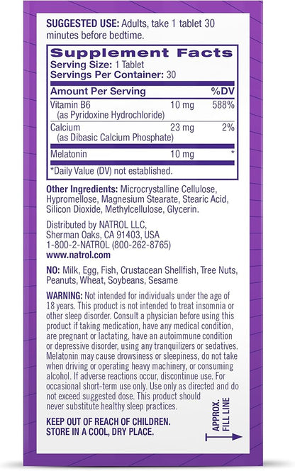 Natrol Melatonin Advanced Sleep Tablets with Vitamin B6, Helps You Fall Asleep Faster, Stay Asleep Longer, 2-Layer Controlled Release, 100% Drug-Free, Maximum Strength, 10mg, 30 Count