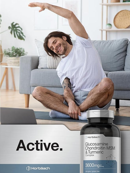 Horbäach Glucosamine Chondroitin MSM | 3600 mg | 360 Caplets | Advanced Formula with Turmeric | Non-GMO, Gluten Free