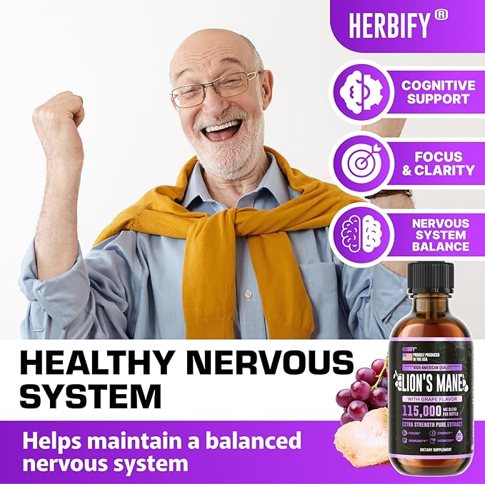 HERBIFY Lions Mane Supplement - Daily Mushroom Supplement for Memory, Focus & Clarity - Brain Booster - Lions Mane Tincture for Immune Support - 4 Fl oz Grape Flavor