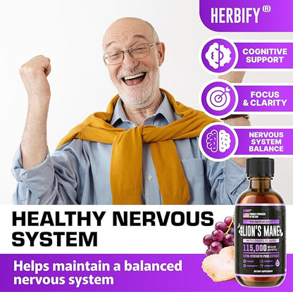 HERBIFY Lions Mane Supplement - Daily Mushroom Supplement for Memory, Focus & Clarity - Brain Booster - Lions Mane Tincture for Immune Support - 4 Fl oz Grape Flavor