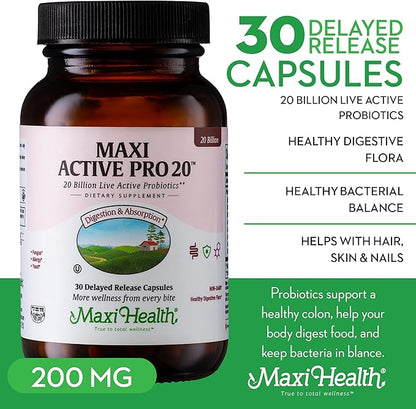 Maxi Health Probiotics for Digestive Health and Gut – 15 Strains, 20 Billion CFU Active Organisms - Probiotics for Men and Women – Daily Probiotic for Digestive Support, 30 Capsules