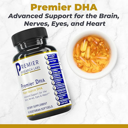 Premier DHA, 60 Softgels, Vegan Product - Plant-Source DHA for Premier Support for The Brain, Nerves, Eyes and Heart