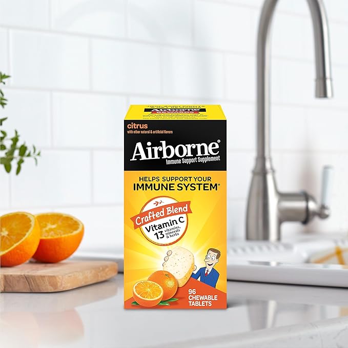 Airborne Vitamin C 1000mg (per Serving) - Citrus Chewable Tablets (96 Count in a Box), Gluten-Free Immune Support Supplement with Vitamins A C E, Zinc, Selenium, Echinacea, Ginger, Antioxidants