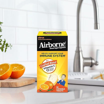 Airborne Vitamin C 1000mg (per Serving) - Citrus Chewable Tablets (96 Count in a Box), Gluten-Free Immune Support Supplement with Vitamins A C E, Zinc, Selenium, Echinacea, Ginger, Antioxidants