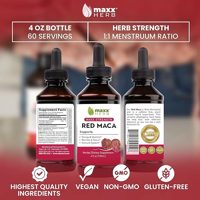 Maxx Herb Red Maca Root Extract - Max Strength Liquid Drops Absorb Better Than Powder or Capsules, for Stamina, Memory and Focus - 4 Oz Bottle (60 Servings)
