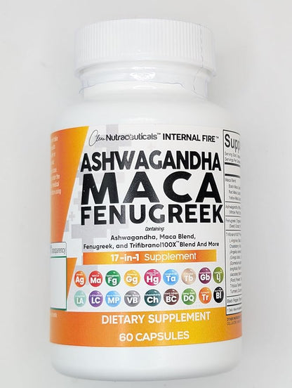 Clean Nutraceuticals Ashwagandha Maca Root Fenugreek Supplement with Tongkat Ali Ginseng - Assists with Stress, Mood & Thyroid - Ashwagandha Capsules Fenugreek Caps - 1 Pack