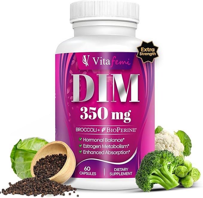 DIM 350mg Supplement - Hormone & Estrogen Balance - For Women and Men - Detox - Acne Support, Menopause Relief, PCOS - Diindolylmethane Broccoli Extract & BioPerine - 60 Capsules - Vegan - Vitafemi