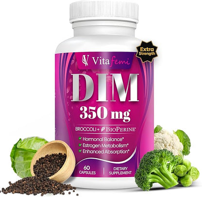 DIM 350mg Supplement - Hormone & Estrogen Balance - For Women and Men - Detox - Acne Support, Menopause Relief, PCOS - Diindolylmethane Broccoli Extract & BioPerine - 60 Capsules - Vegan - Vitafemi