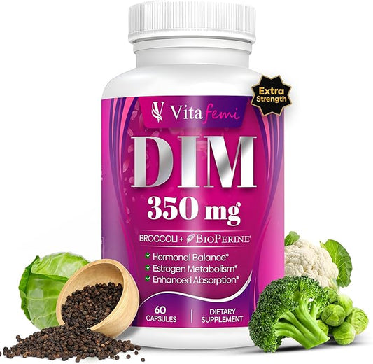 DIM 350mg Supplement - Hormone & Estrogen Balance - For Women and Men - Detox - Acne Support, Menopause Relief, PCOS - Diindolylmethane Broccoli Extract & BioPerine - 60 Capsules - Vegan - Vitafemi