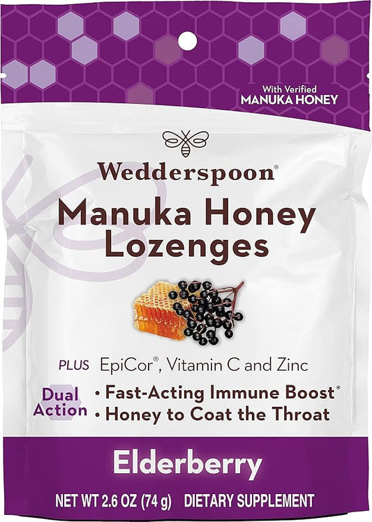 Wedderspoon Manuka Honey Immunity Lozenges, Elderberry, 2.6 Oz (Pack of 1), Genuine New Zealand Honey, Boost Immunity Within Two Hours