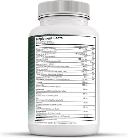 Selenium, Zinc, Iodine, L Tyrosine, Ashwagandha - Thyroid Support Supplement for Women and Men with Bladderwrack, Turmeric, Silica Kelp, Schisandra - 60 Count
