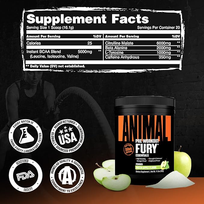 Animal Fury Pre Workout Powder - Green Apple, 350mg Caffeine, BCAA Amino Acids, 2g Beta Alanine, Citrulline & Tyrosine, Energy, Focus, Strength, Endurance, Preworkout for Men & Women, 20 Servings