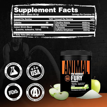 Animal Fury Pre Workout Powder - Green Apple, 350mg Caffeine, BCAA Amino Acids, 2g Beta Alanine, Citrulline & Tyrosine, Energy, Focus, Strength, Endurance, Preworkout for Men & Women, 20 Servings