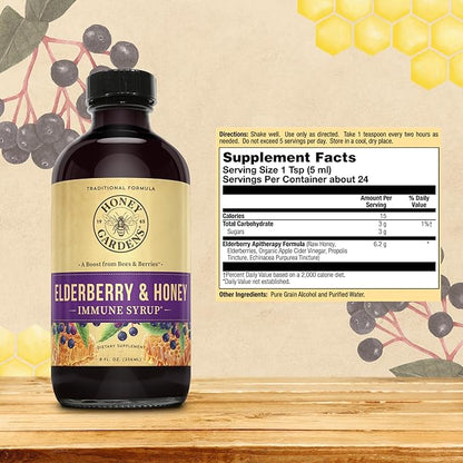 Honey Gardens Elderberry & Honey Immune Syrup - Black Elderberry Syrup for Adults & Kids, Natural Throat Defense Wellness Supplement with Propolis & Organic Apple Cider Vinegar - 8 Fl Oz