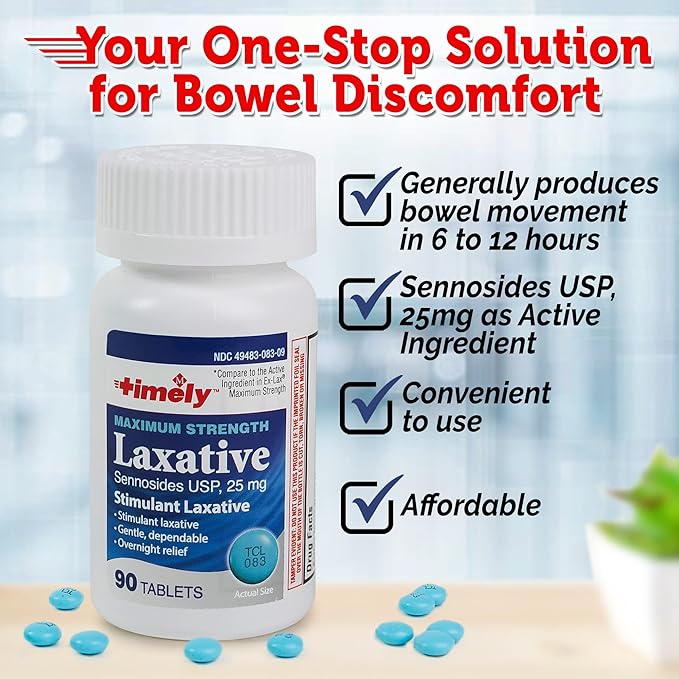 Timely - Max Lax Laxatives - 90 Maximum Strength Tablets - 25mg Sennosides Laxative - Compare to Ex-Lax Maximum Strength - Occasional Constipation Relief, Best Laxatives for Constipation Fast Acting