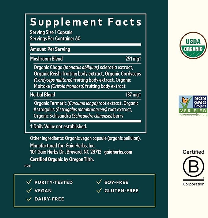Gaia Herbs Everyday Immune Mushrooms&Herbs-Immune Support Supplement to Help Aid Overall Wellness* -with Turmeric Curcumin, Astragalus, Cordyceps, and Chaga Mushrooms-60 Vegan Capsules(30-Day Supply)