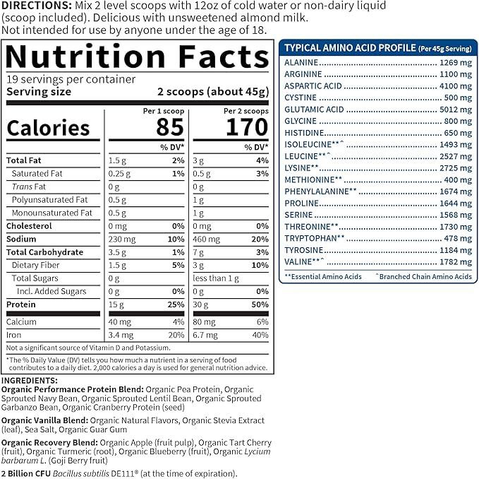 Organic Vegan Vanilla Protein Powder with Probiotics, BCAAs, 30g Plant Protein, NSF Certified, Gluten Free & Sport, Non GMO, Garden of Life Sport Protein Powder - 19 Servings
