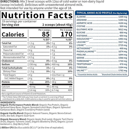 Organic Vegan Vanilla Protein Powder with Probiotics, BCAAs, 30g Plant Protein, NSF Certified, Gluten Free & Sport, Non GMO, Garden of Life Sport Protein Powder - 19 Servings
