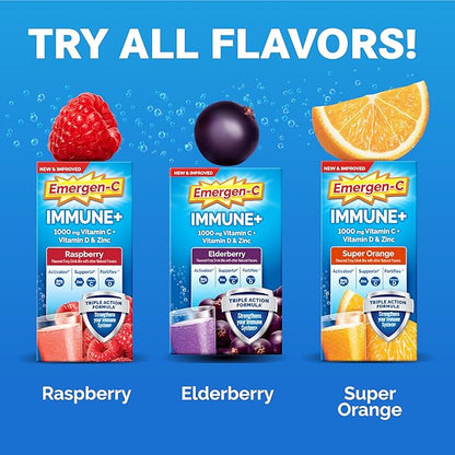 Emergen-C Immune+ Vitamin C 1000mg (18 Count, Elderberry) Dietary Supplement Fizzy Drink Mix Powder Packets
