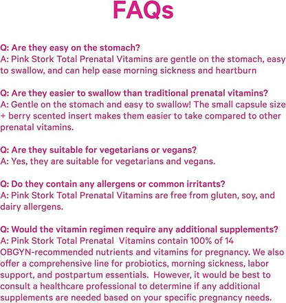 Pink Stork Total Prenatal Vitamins with DHA, Folate, Iron, Choline, and Vitamin B12 - Prenatals for Women to Support Fetal Development, Pregnancy Must Haves, Berry Essence, 60 Capsules, 1 Month Supply