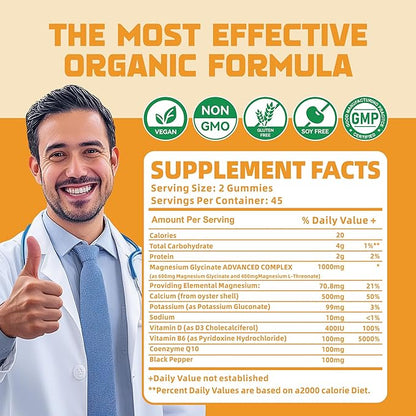 180 CT Magnesium Glycinate Gummies 1000mg - Sugar Free Magnesium Potassium Supplement with Vitamin D, B6, CoQ10 for Calm Mood & Sleep Support - 180 Orange Gummies