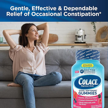 Colace Stool Softener Gummies, Gentle Dependable Constipation Relief Magnesium Citrate Gummies, No.1 Doctor Recommended Stool Softener Brand, Berry Flavored 60ct