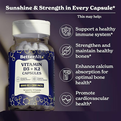 Vitamin D3 + K2 Capsules | 5000 IU Vitamin D3, 200 mcg Vitamin K2 | Helps Promote Bone Strength | 1-Month Dietary Supplement