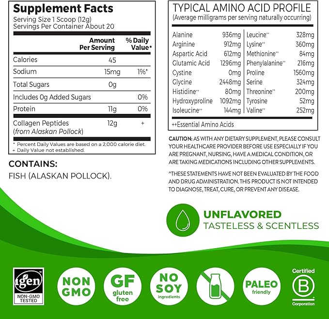 Orgain Wild-Caught Marine Collagen Peptides Powder for Women & Men, Hair, Skin, Nail & Joint Support Supplement, 12g Collagen Per Serving, Pescatarian & Paleo, Non-GMO, Unflavored, Type I & III, 8.5oz