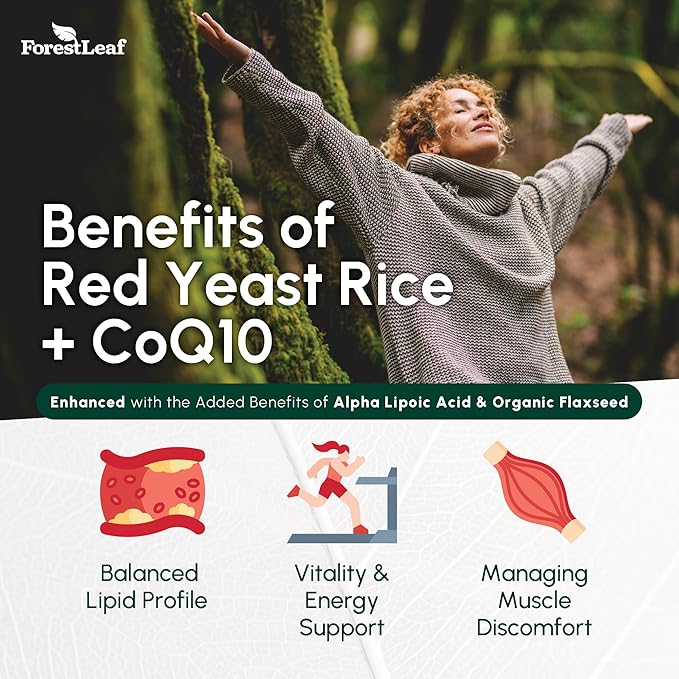 ForestLeaf Red Yeast Rice with CoQ10 Supplement - 1215mg Extra Strength Red Yeast Rice Capsules with Alpha Lipoic Acid & Organic Flaxseed, Citrinin Free - 180 Capsules