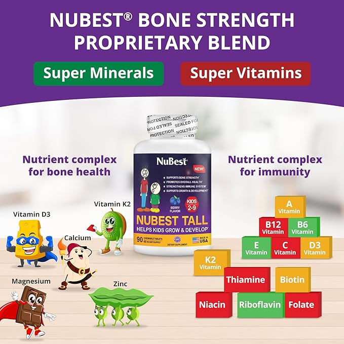 NuBest Tall Kids - Toddlers Vitamins and Kids Vitamins for Age 2 to 9 - Support Bone Strength, Overall Health and Immunity - Animal Shapes - 90 Chewable Berry Tablets | 2 Pack