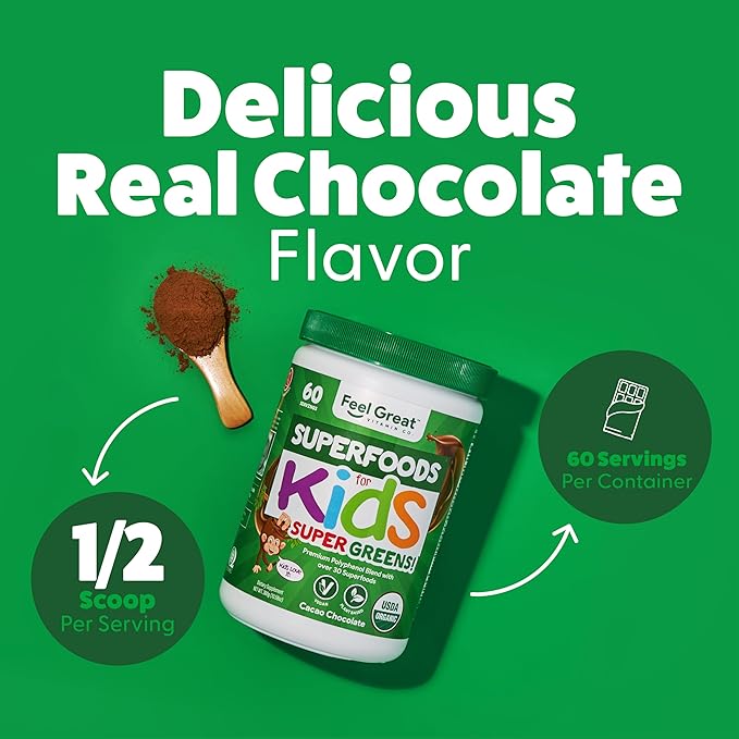Feel Great USDA Organic Super Greens Powder for Kids - Cocao Chocolate | Fruit & Veggie Supplement | Superfood Powder with Probiotics & Digestive Enzymes for Digestive Health | 60 Days Supply