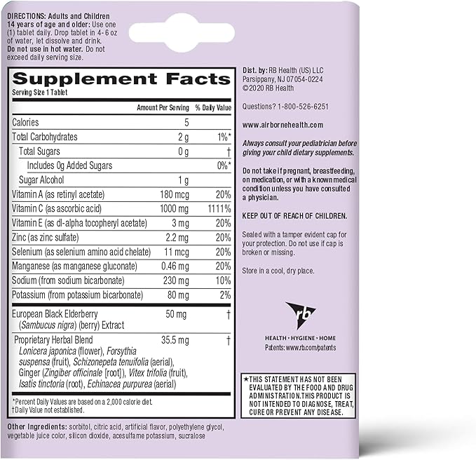Airborne Elderberry Extract + Vitamin C 1000mg (per Serving) - Effervescent Tablets (20 Count in a Box), Gluten-Free Immune Support Supplement, with Vitamins A C E, Zinc, Selenium, Sugar Free