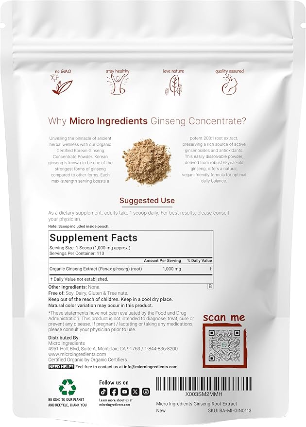 Micro Ingredients Maximum Strength Organic Korean Ginseng Root 200:1 Powder, 4 Ounce, Red Panax Ginseng Powder, Active Ginsenosides, Vegan Friendly