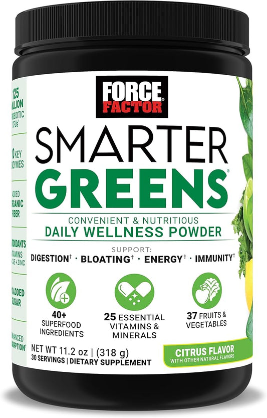 Force Factor Smarter Greens Daily Wellness Powder, Greens Superfood Powder to Support Gut Health, Bloating & Digestion, with 40+ Superfoods, 125 Million CFUs of Probiotics, Citrus Flavor, 30 Servings