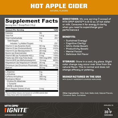 MTN OPS Hot Ignite Instant Coffee Nootropic & L-Arginine L-Citrulline for Cognitive Clarity, Mental Focus & Nitric-Oxide Boost | 200mg Caffeine per Serving, 30 Servings | Apple Cider