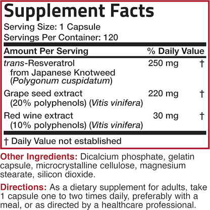 Bronson Resveratrol 500 Complex Standardized Trans-Resveratrol + Grape Seed & Red Wine Extract, 120 Capsules