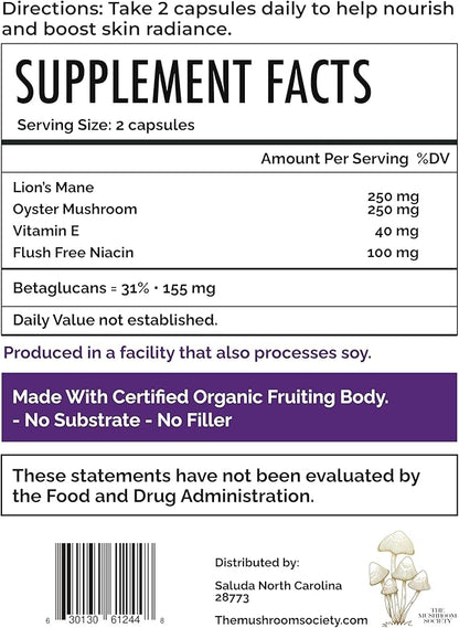 Skin Rejuvenation Supplement - Lion’s Mane, Oyster Mushroom, Vitamin E & Flush Free Niacin -Supports Skin Health & Radiance - 60 Capsules