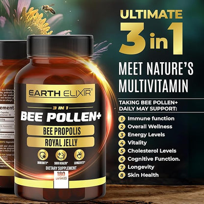 3-in-1 Organic Bee Pollen Capsule – Non-GMO, Pure Raw Bee Pollen, Royal Jelly, Propolis Extract for Women & Men – Natural Energy, Immune & Vitality Support – 180 Propolis Capsules