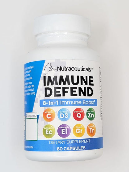 Clean Nutraceuticals Immune Defense Support Supplement 8 in 1 with Zinc 50mg Quercetin, VIT C 1000mg, Vitamin D3 5000 IU, Elderberry, Ginger - Immunity System Booster for Adults, Vegan - 60 Count