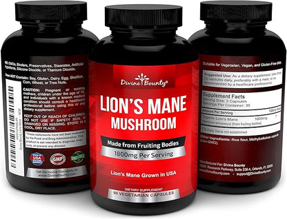 Organic Lions Mane Mushroom Capsules - 1800mg Strongest Lion's Mane Mushroom Supplement - Non-GMO Lions Mane Extract Powder - Nootropic Brain Supplement - Brain & Immune Support - 90 Vegetarian Caps
