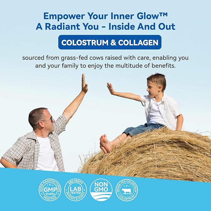 Bovine Colostrum & Collagen Powder for Gut Health, Immune Support, Hair Growth & Beauty Supplement, Sugar Free – IgG, Probiotics, Vitamin B12, C, D3 – Unflavored, 30 Servings