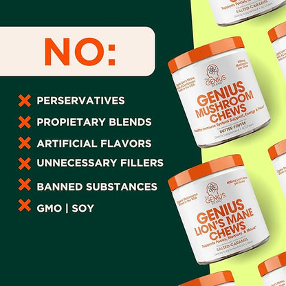 Genius Lion's Mane Soft Chews Supplement – Nootropic Mushroom for Focus, Clarity, Memory, Energy, Brain Health Support – Salted Caramel Flavor