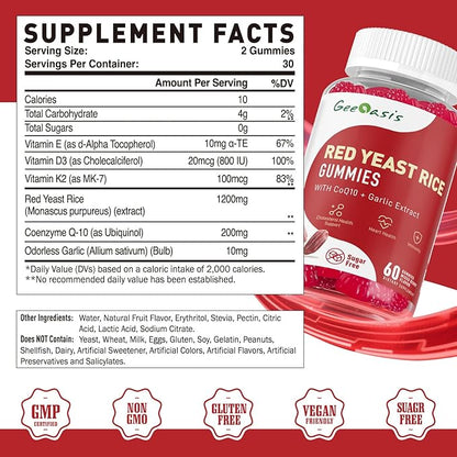 Red Yeast Rice with CoQ10 Gummies Sugar Free, Red Yeast Rice Supplement with Odorless Garlic Extract, Vitamin E, Vitamin D3 & K2, Cholesterol Support & Heart Health, Natural Mixed Berry Flavor, 60 Ct